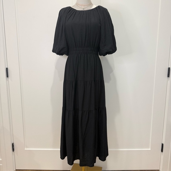 Moon River Puff Sleeve Shirred Cutout Tiered Midi Dress Medium Black Boho Chic - Picture 2 of 6